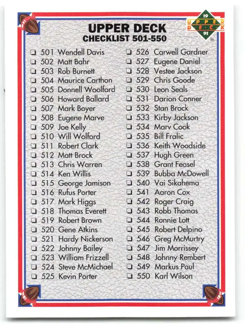 1991 Upper Deck #600 Checklist 501-600 NM-MT Football Card - Football Card Single