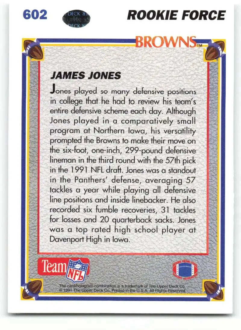 1991 Upper Deck #602 James Jones NM-MT RC Rookie Cleveland Browns Football Card - Football Card Single