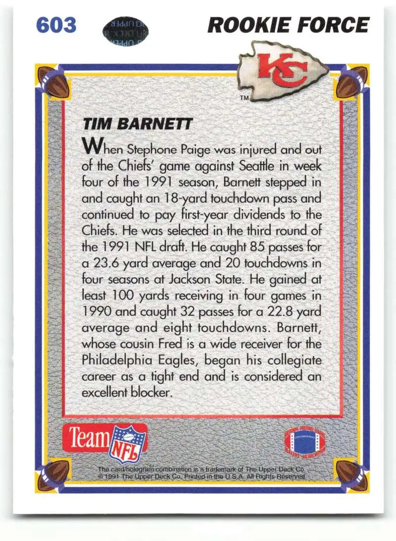1991 Upper Deck #603 Tim Barnett NM-MT RC Rookie Kansas City Chiefs Football Card - Football Card Single