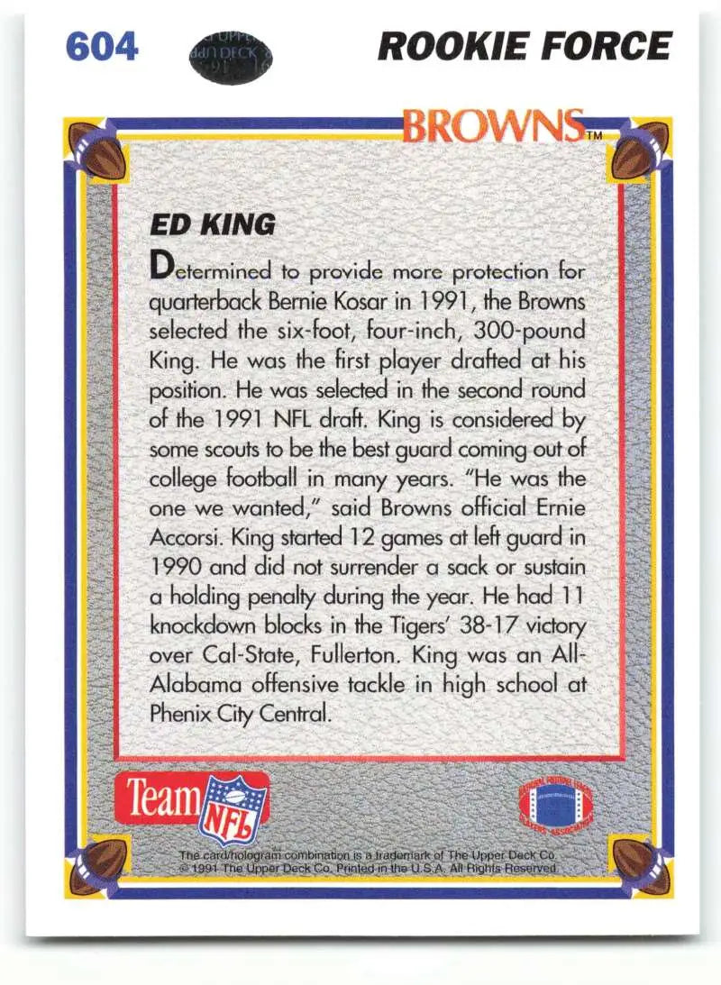 1991 Upper Deck #604 Ed King NM-MT RC Rookie Cleveland Browns Football Card - Football Card Single
