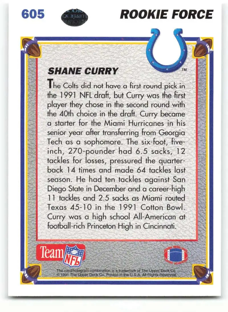 1991 Upper Deck #605 Shane Curry NM-MT Indianapolis Colts Football Card - Football Card Single