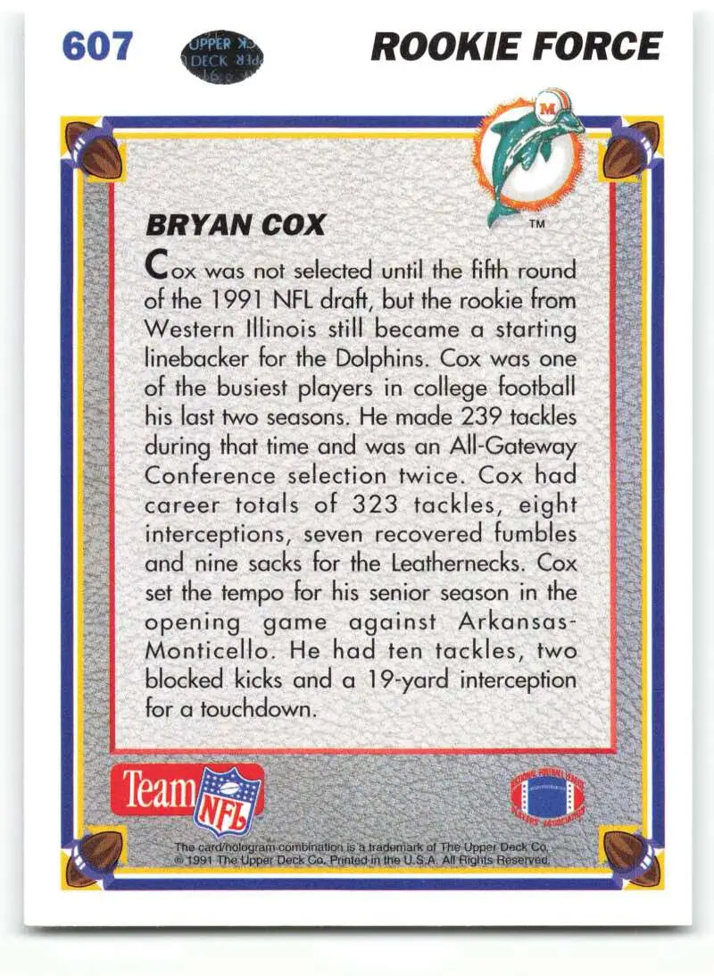 1991 Upper Deck #607 Bryan Cox NM-MT RC Rookie Miami Dolphins Football Card - Football Card Single