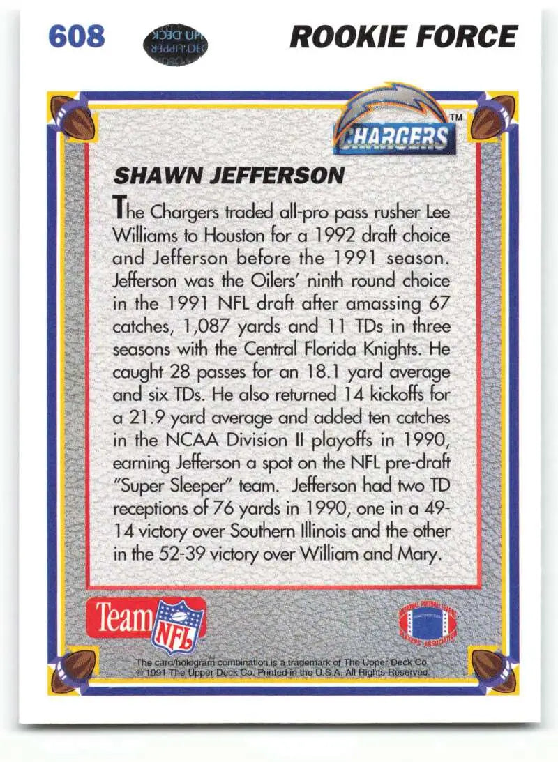 1991 Upper Deck #608 Shawn Jefferson NM-MT RC Rookie San Diego Chargers Football Card - Football Card Single
