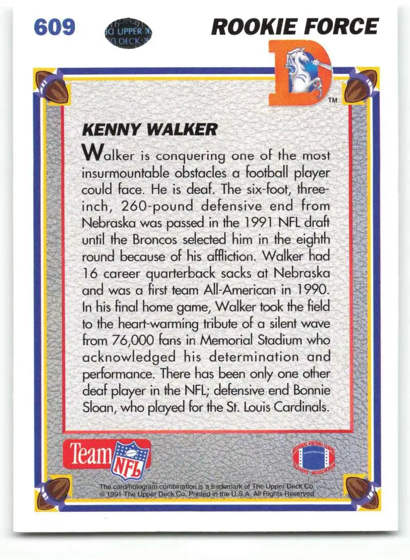 1991 Upper Deck #609 Kenny Walker NM-MT RC Rookie Denver Broncos Football Card - Football Card Single