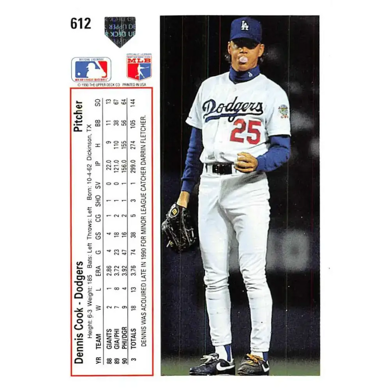 1991 Upper Deck #612 Dennis Cook EX Excellent Los Angeles Dodgers Baseball Card - Baseball Card Single