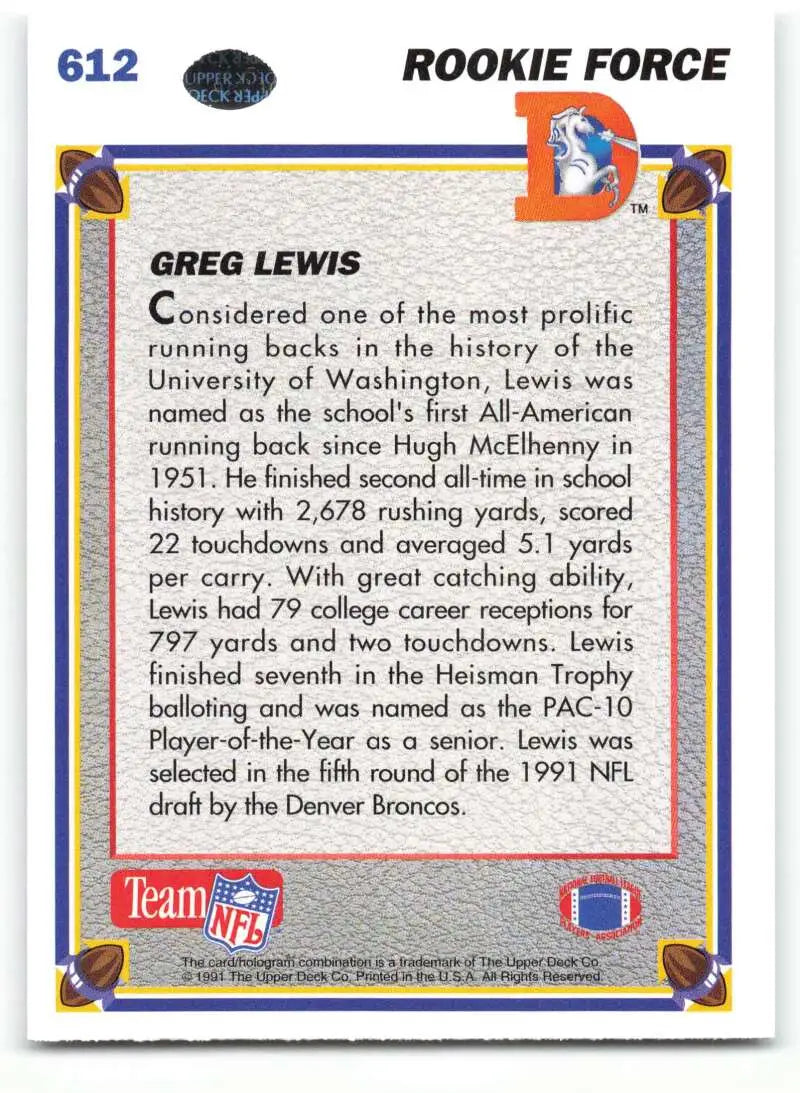 1991 Upper Deck #612 Greg Lewis NM-MT Denver Broncos Football Card - Football Card Single