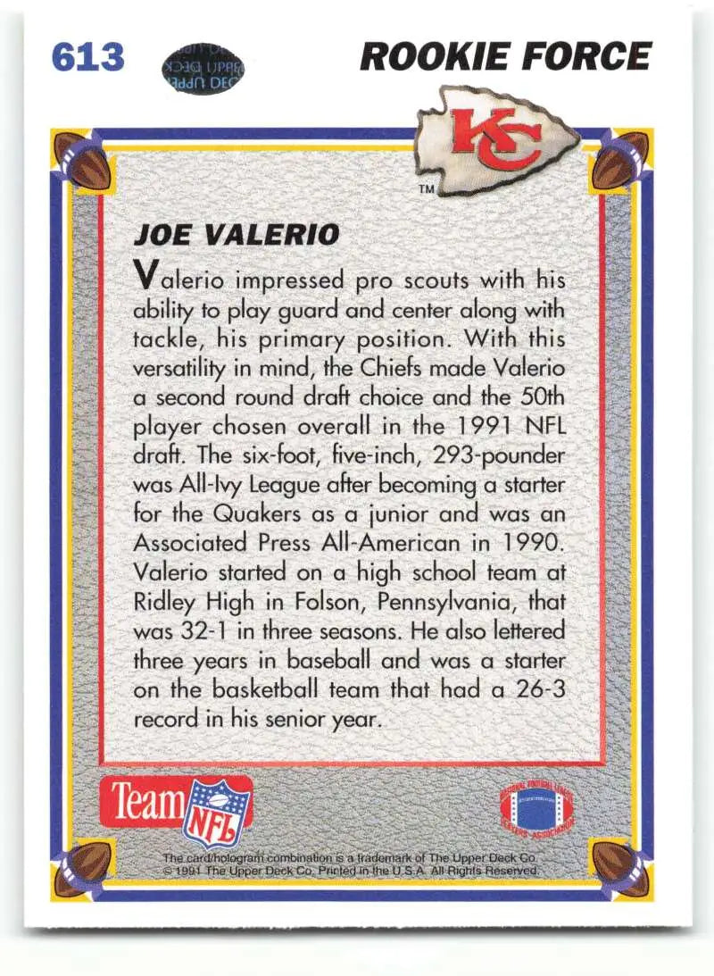 1991 Upper Deck #613 Joe Valerio NM-MT RC Rookie Kansas City Chiefs Football Card - Football Card Single