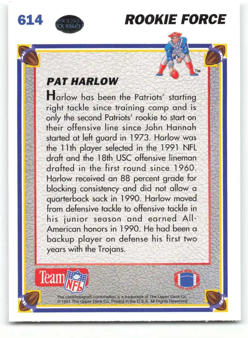 1991 Upper Deck #614 Pat Harlow NM-MT RC Rookie New England Patriots Football Card - Football Card Single