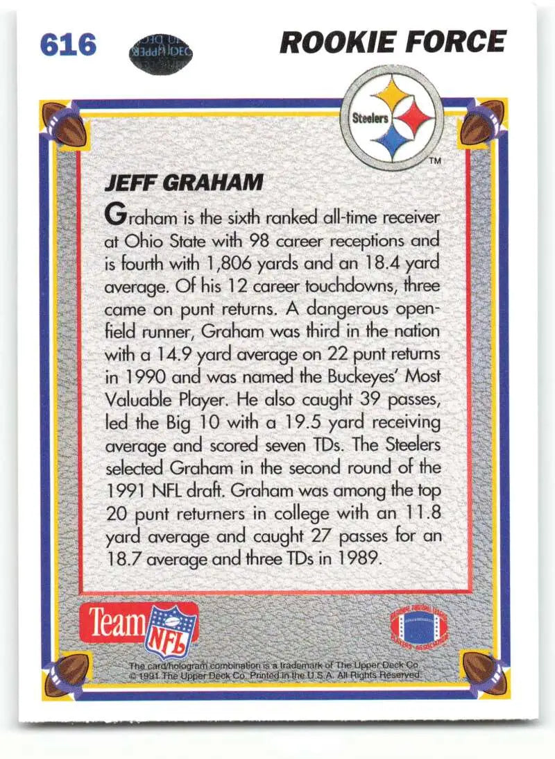 1991 Upper Deck #616 Jeff Graham NM-MT RC Rookie Pittsburgh Steelers Football Card - Football Card Single