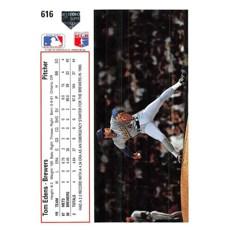 1991 Upper Deck #616 Tom Edens EX Excellent RC Rookie Milwaukee Brewers Baseball Card - Baseball Card Single