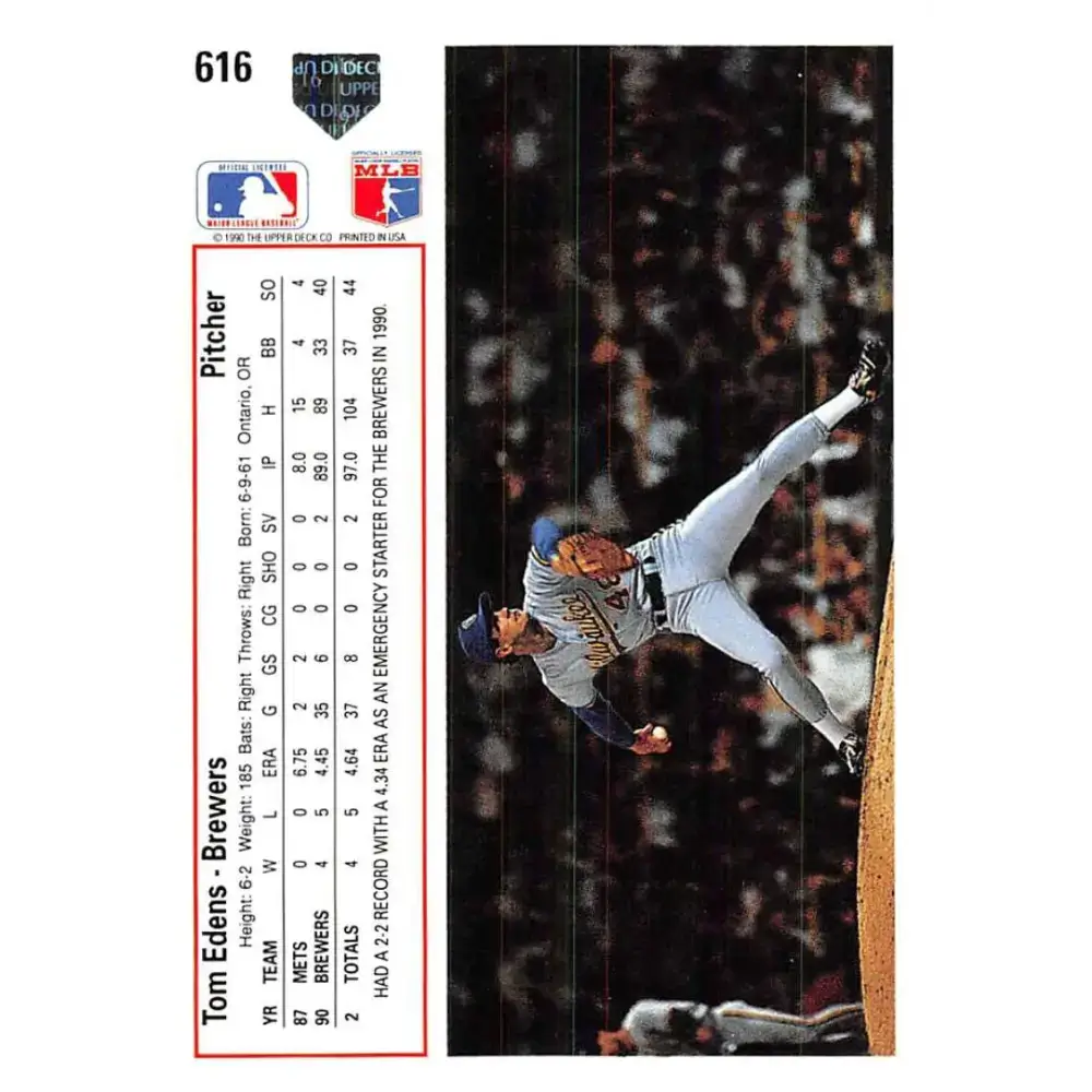 1991 Upper Deck #616 Tom Edens NM-MT RC Rookie Milwaukee Brewers Baseball Card - Baseball Card Single