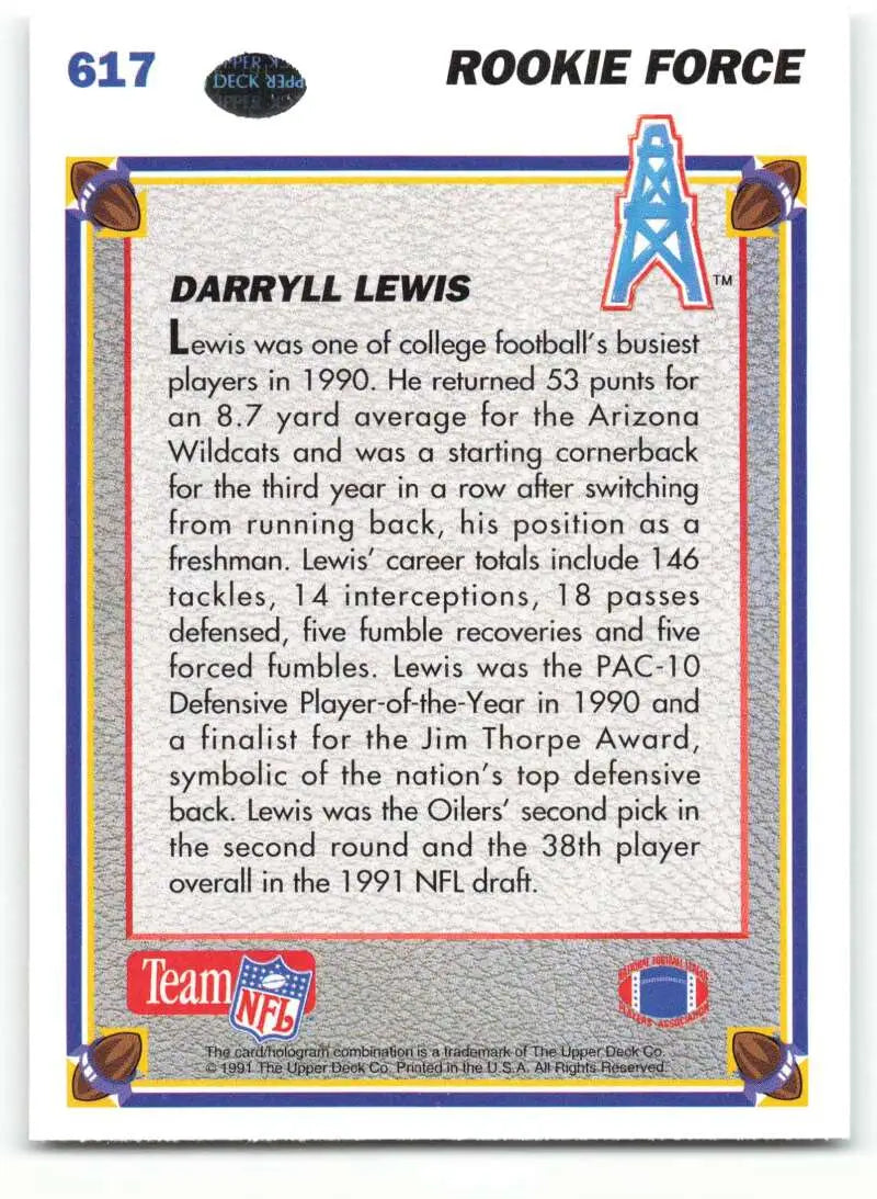 1991 Upper Deck #617 Darryll Lewis NM-MT RC Rookie Houston Oilers Football Card - Football Card Single