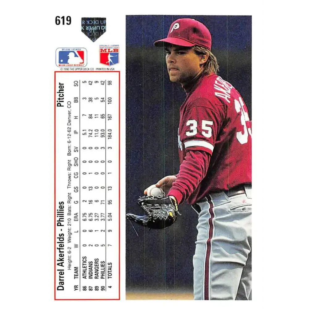 1991 Upper Deck #619 Darrel Akerfelds NM-MT Philadelphia Phillies Baseball Card - Baseball Card Single