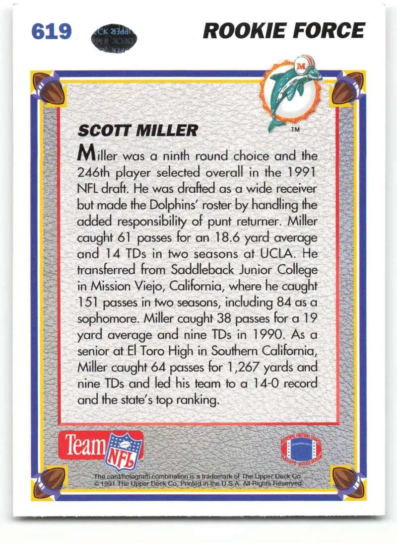 1991 Upper Deck #619 Scott Miller NM-MT Miami Dolphins Football Card - Football Card Single