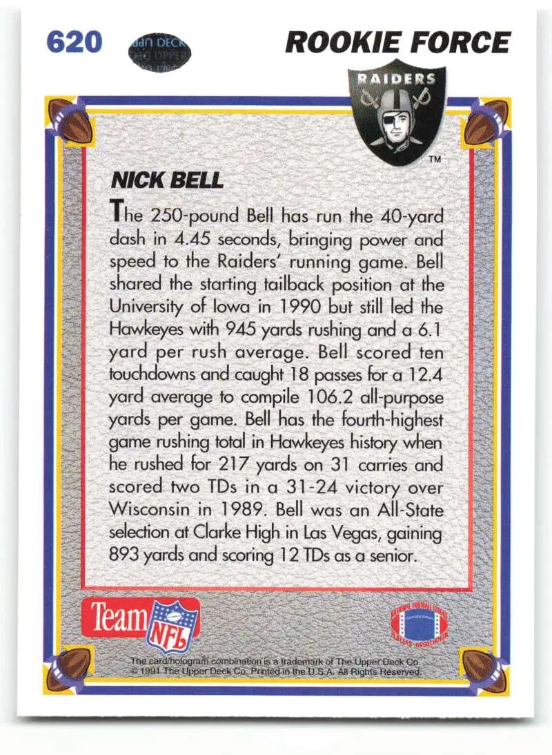 1991 Upper Deck #620 Nick Bell NM-MT Los Angeles Raiders Football Card - Football Card Single