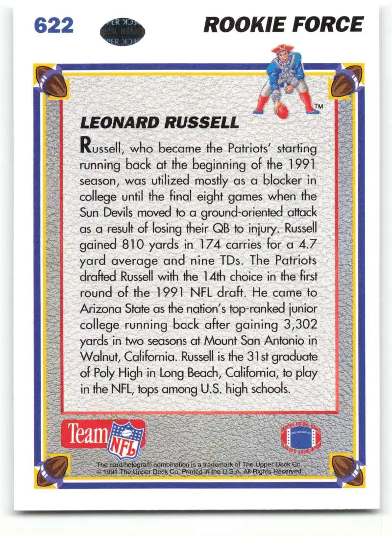 1991 Upper Deck #622 Leonard Russell NM-MT RC Rookie New England Patriots Football Card - Football Card Single