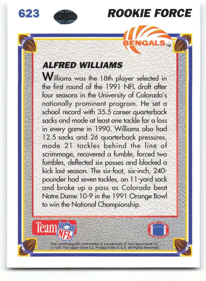 1991 Upper Deck #623 Alfred Williams NM-MT RC Rookie Cincinnati Bengals Football Card - Football Card Single
