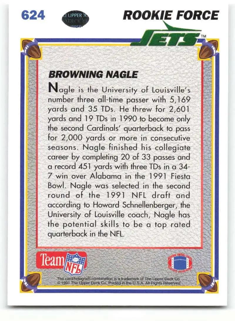1991 Upper Deck #624 Browning Nagle NM-MT New York Jets Football Card - Football Card Single