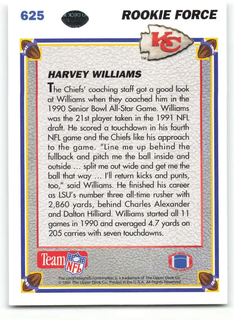 1991 Upper Deck #625 Harvey Williams NM-MT Kansas City Chiefs Football Card - Football Card Single