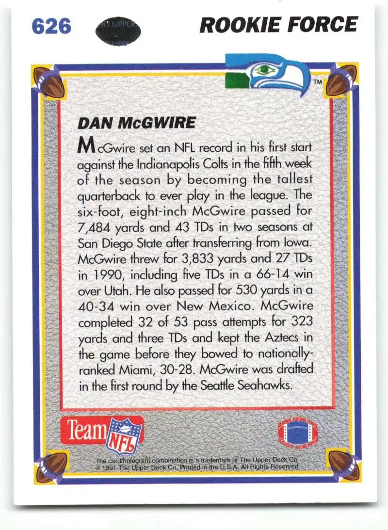 1991 Upper Deck #626 Dan McGwire NM-MT Seattle Seahawks Football Card - Football Card Single