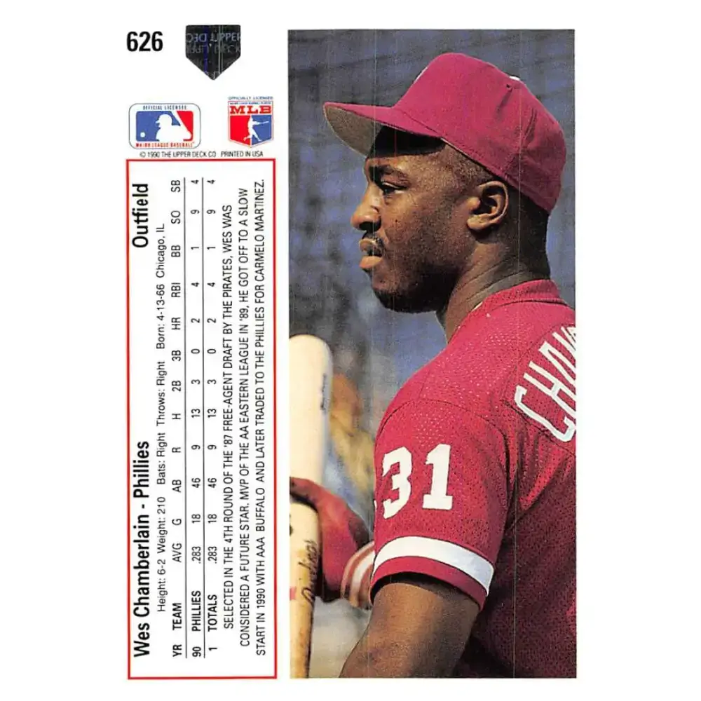 1991 Upper Deck #626 Wes Chamberlain EX Excellent RC Rookie Philadelphia Phillies Baseball Card - Baseball Card Single