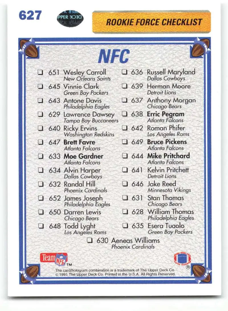 1991 Upper Deck #627 Brett Favre/Mike Pritchard/Erric Pegram/Moe Gardner/Bruce Pickens NM-MT Atlanta Falcons Football