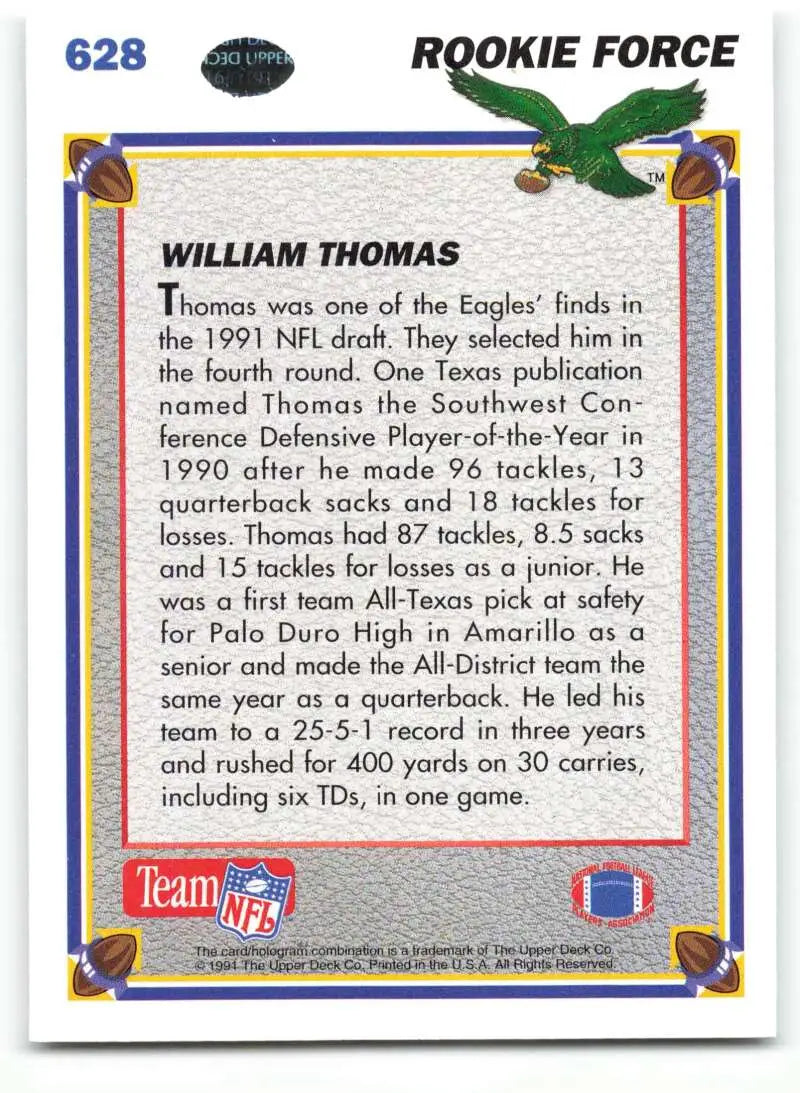 1991 Upper Deck #628 William Thomas NM-MT RC Rookie Philadelphia Eagles Football Card - Football Card Single