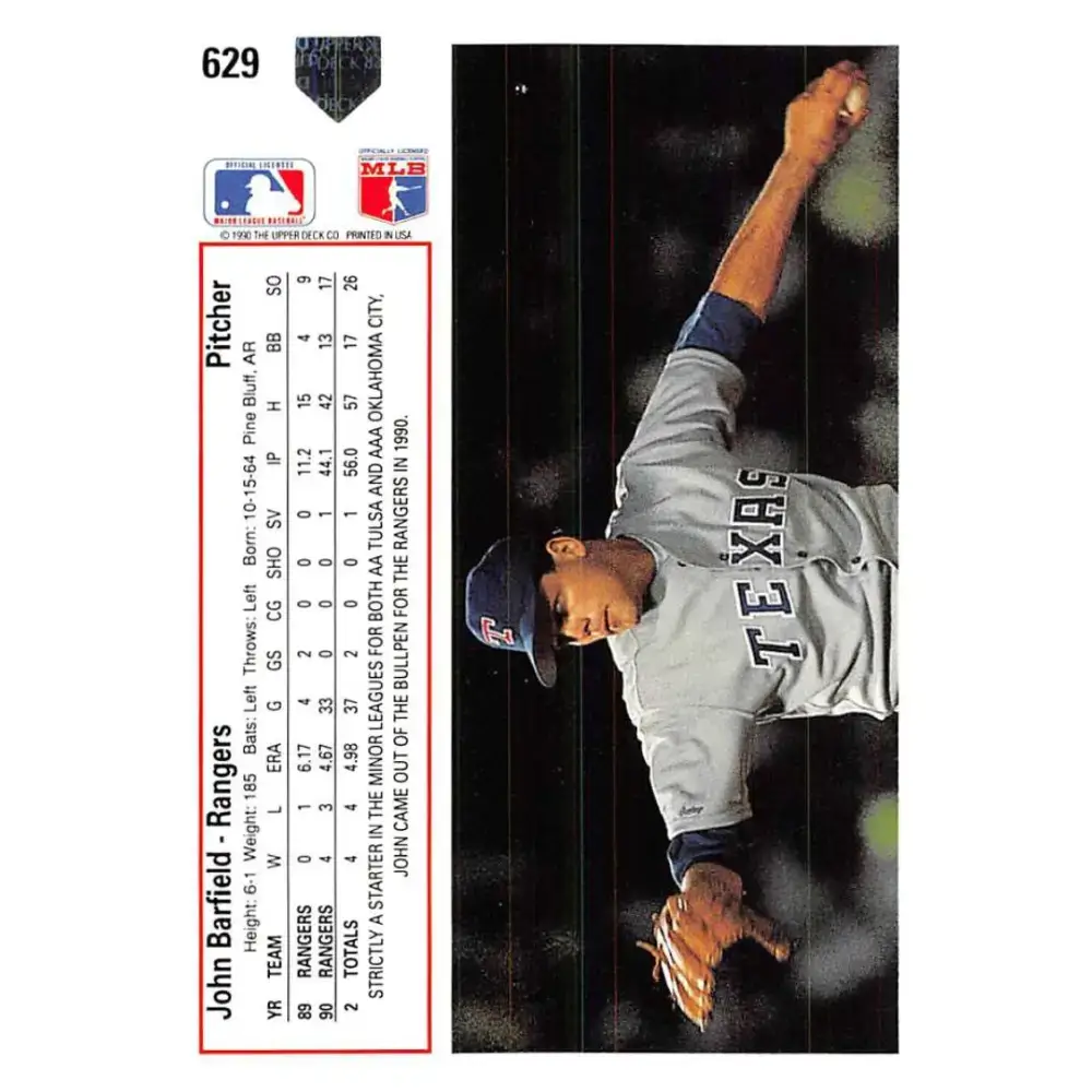 1991 Upper Deck #629 John Barfield EX Excellent Texas Rangers Baseball Card - Baseball Card Single