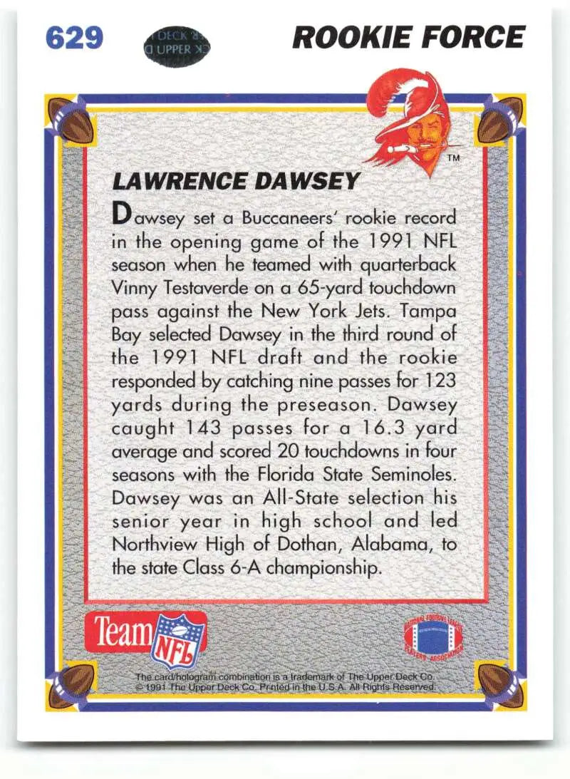 1991 Upper Deck #629 Lawrence Dawsey NM-MT RC Rookie Tampa Bay Buccaneers Football Card - Football Card Single