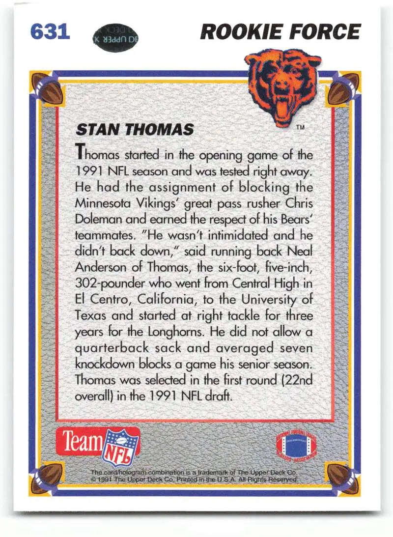 1991 Upper Deck #631 Stan Thomas NM-MT Chicago Bears Football Card - Football Card Single