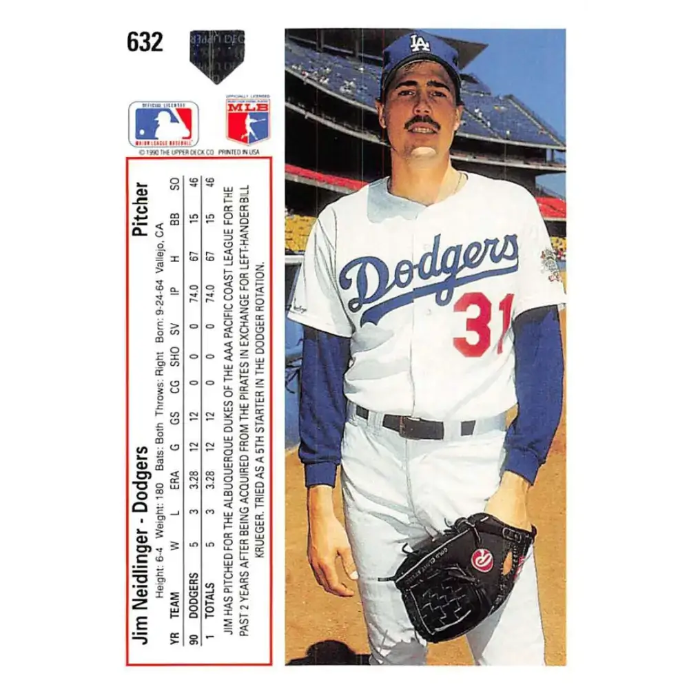 1991 Upper Deck #632 Jim Neidlinger EX Excellent RC Rookie Los Angeles Dodgers Baseball Card - Baseball Card Single
