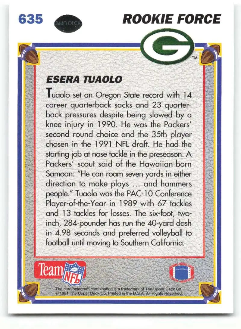 1991 Upper Deck #635 Esera Tuaolo NM-MT RC Rookie Green Bay Packers Football Card - Football Card Single