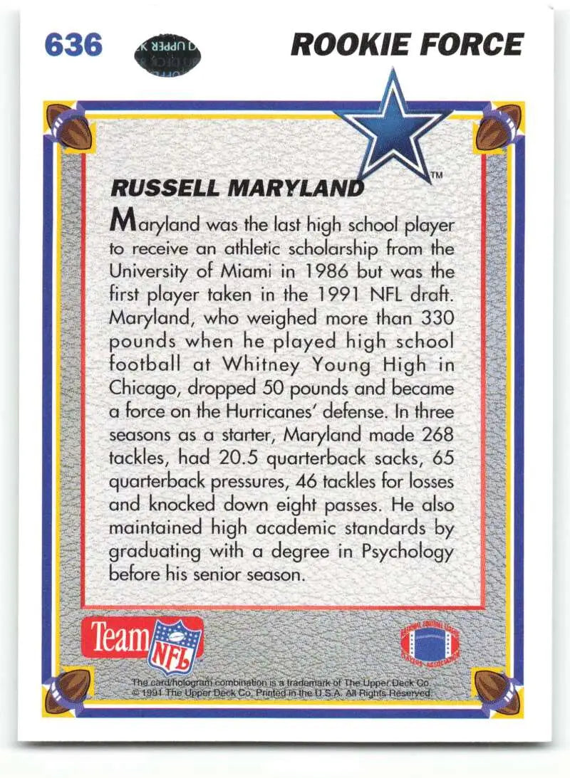 1991 Upper Deck #636 Russell Maryland NM-MT Dallas Cowboys Football Card - Football Card Single