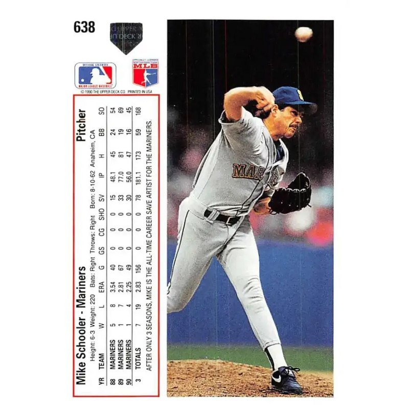 1991 Upper Deck #638 Mike Schooler EX Excellent Seattle Mariners Baseball Card - Baseball Card Single