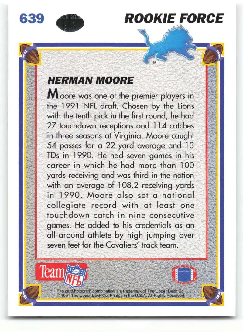 1991 Upper Deck #639 Herman Moore NM-MT Detroit Lions Football Card - Football Card Single