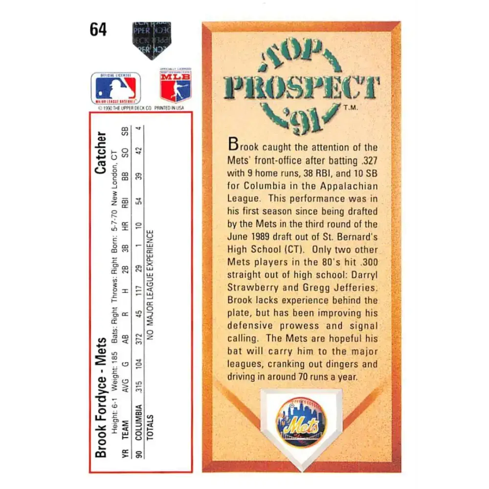 1991 Upper Deck #64 Brook Fordyce EX Excellent RC Rookie New York Mets Baseball Card - Baseball Card Single
