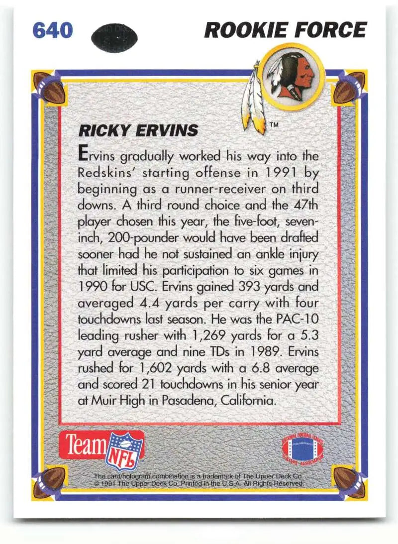 1991 Upper Deck #640 Ricky Ervins NM-MT RC Rookie Washington Redskins Football Card - Football Card Single