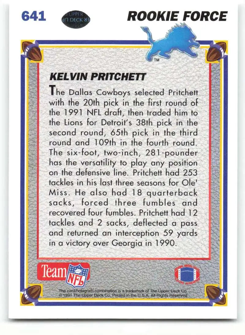 1991 Upper Deck #641 Kelvin Pritchett NM-MT RC Rookie Detroit Lions Football Card - Football Card Single