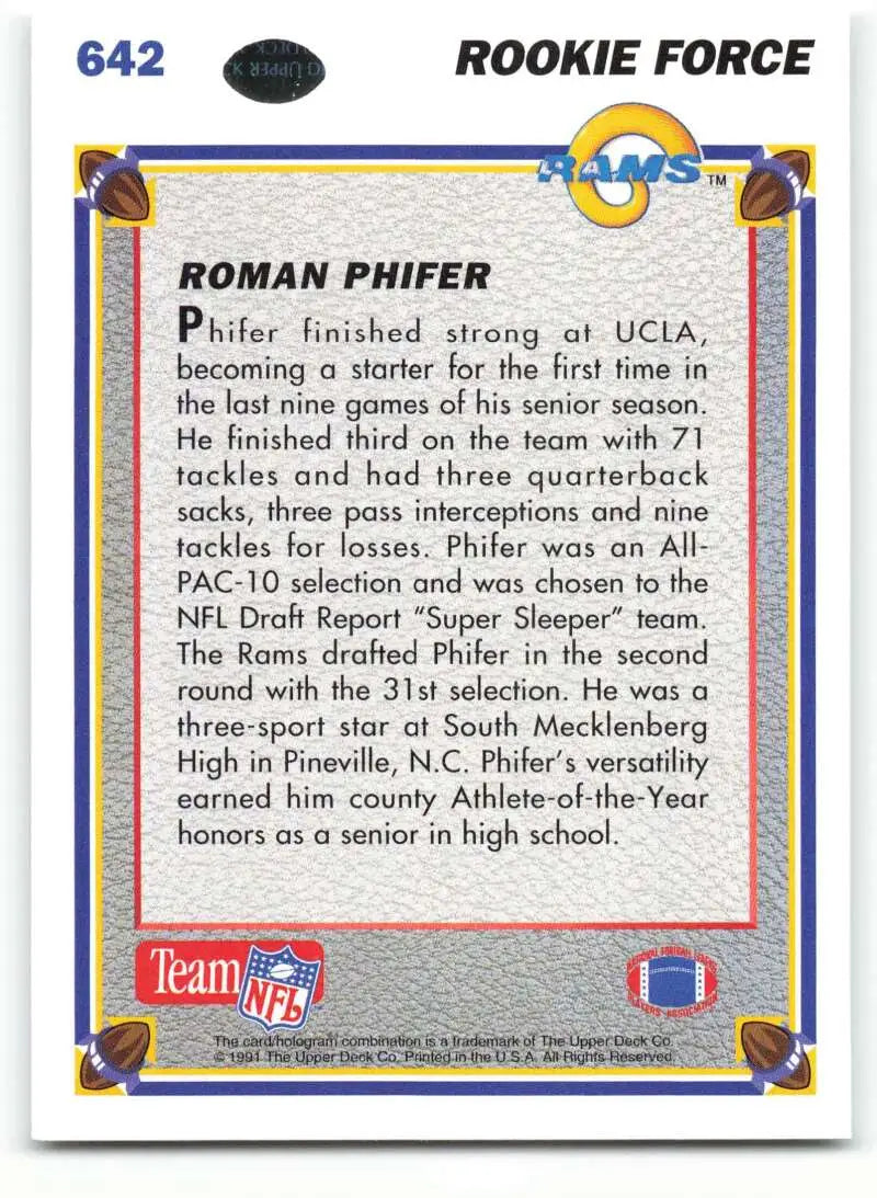 1991 Upper Deck #642 Roman Phifer NM-MT RC Rookie Los Angeles Rams Football Card - Football Card Single