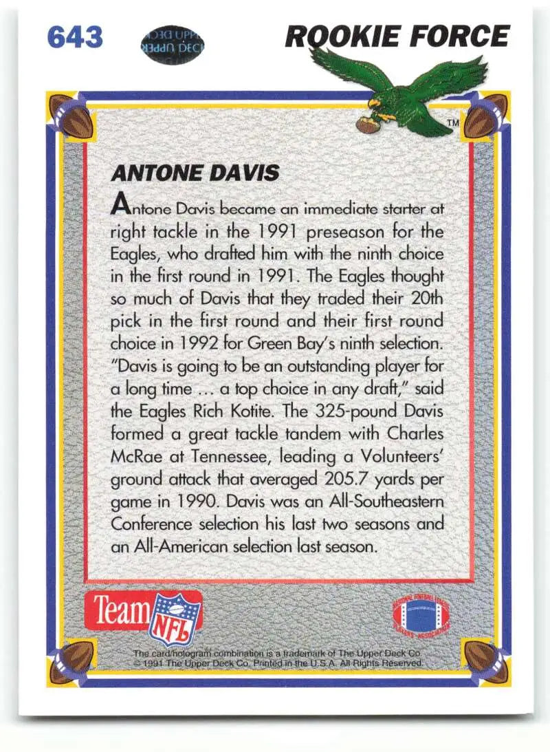 1991 Upper Deck #643 Antone Davis NM-MT RC Rookie Philadelphia Eagles Football Card - Football Card Single