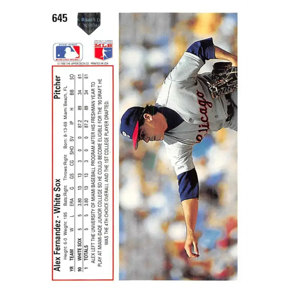 1991 Upper Deck #645 Alex Fernandez EX Excellent Chicago White Sox Baseball Card - Baseball Card Single