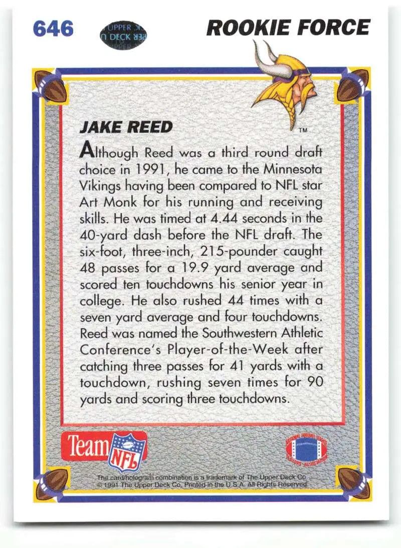 1991 Upper Deck #646 Jake Reed NM-MT RC Rookie Minnesota Vikings Football Card - Football Card Single