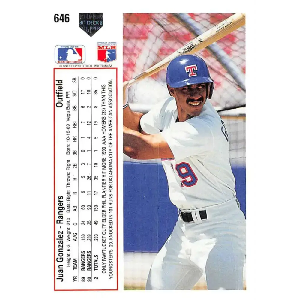 1991 Upper Deck #646 Juan Gonzalez EX Excellent Texas Rangers Baseball Card - Baseball Card Single
