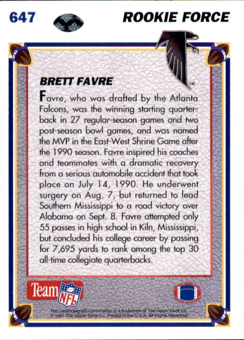 1991 Upper Deck #647 Brett Favre NM-MT Atlanta Falcons Football Card - Football Card Single