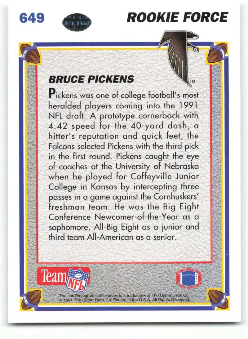 1991 Upper Deck #649 Bruce Pickens NM-MT Atlanta Falcons Football Card - Football Card Single