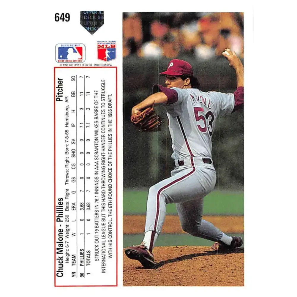 1991 Upper Deck #649 Chuck Malone EX Excellent Philadelphia Phillies Baseball Card - Baseball Card Single