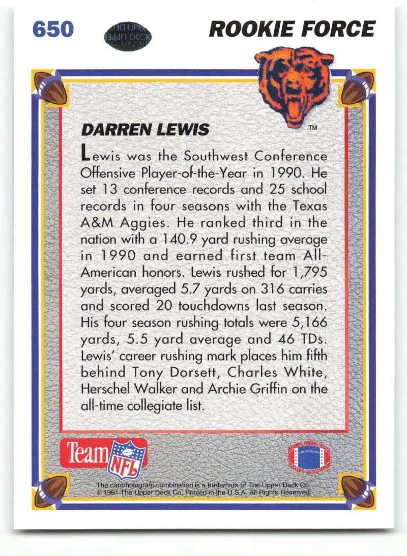 1991 Upper Deck #650 Darren Lewis NM-MT RC Rookie Chicago Bears Football Card - Football Card Single