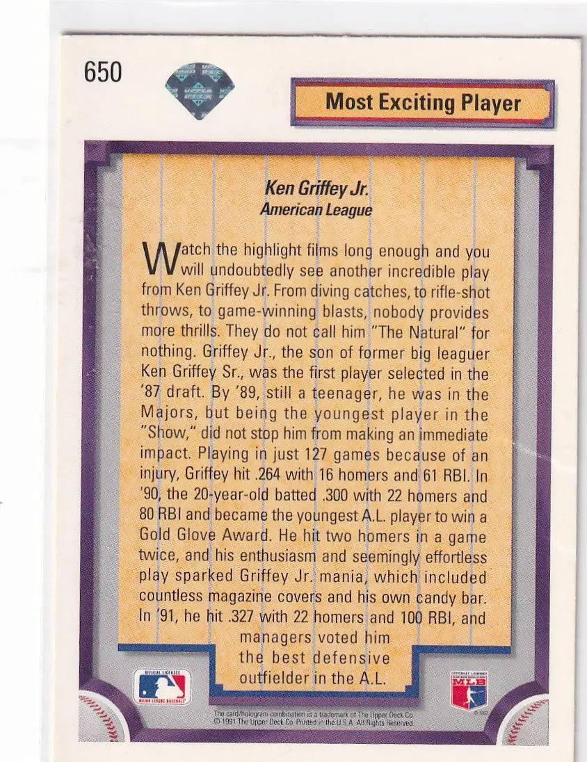 1991 UPPER DECK #650 KEN GRIFFEY JR MOST EXCITING PLAYER- SEATTLE MARINERS - Baseball Card Single