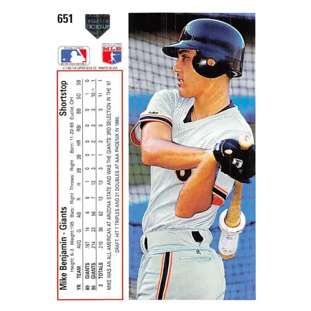 1991 Upper Deck #651 Mike Benjamin EX Excellent San Francisco Giants Baseball Card - Baseball Card Single