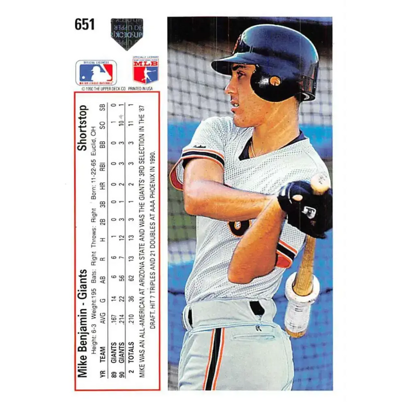1991 Upper Deck #651 Mike Benjamin EX Excellent San Francisco Giants Baseball Card - Baseball Card Single